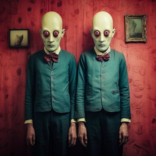 Eerie photo featuring unsettling twin siblings with frightening faces.